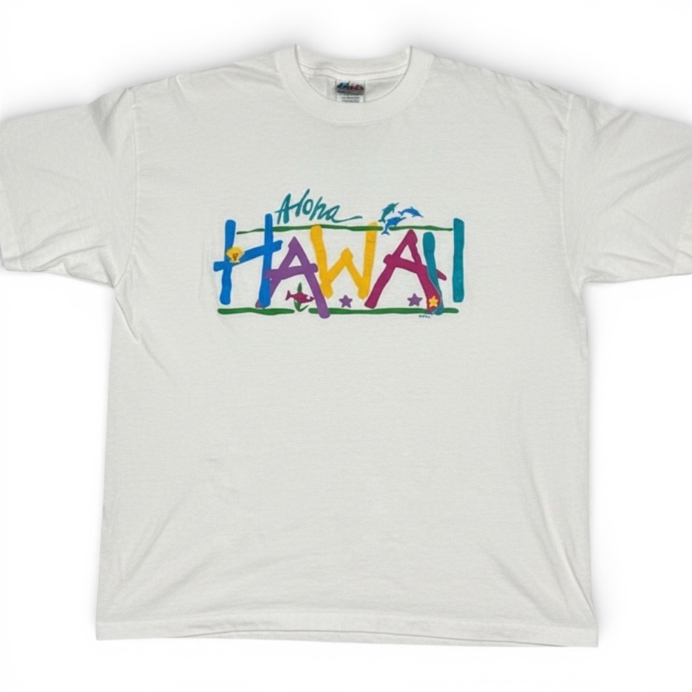 Vintage 90s Hawaii Aloha Graphic Tee Single Stitch White Tourist Shirt Large